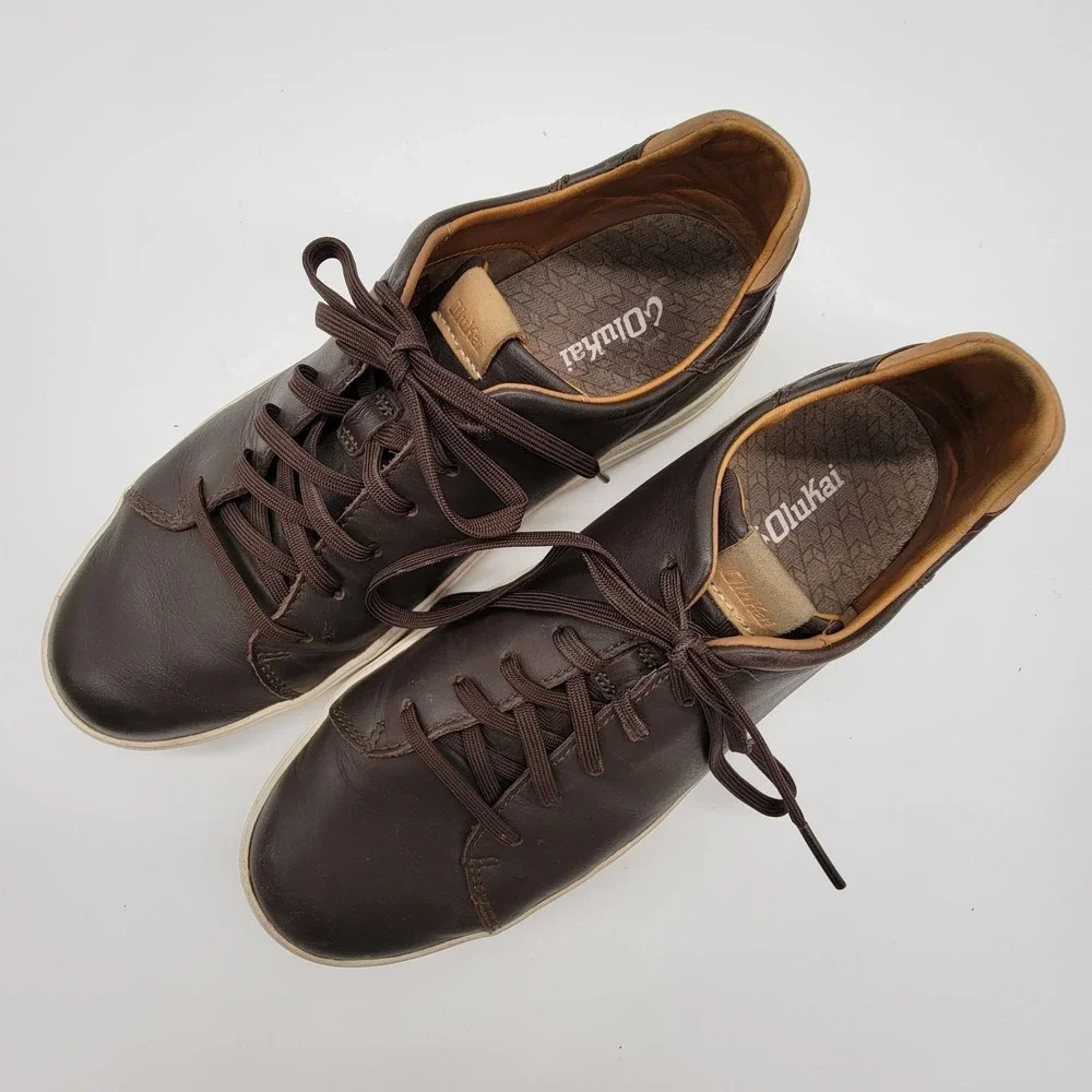 Olukai Lae'ahi Li'ili Men's Sz 10.5 Shoes Brown Leather Comfort Casual Sneakers